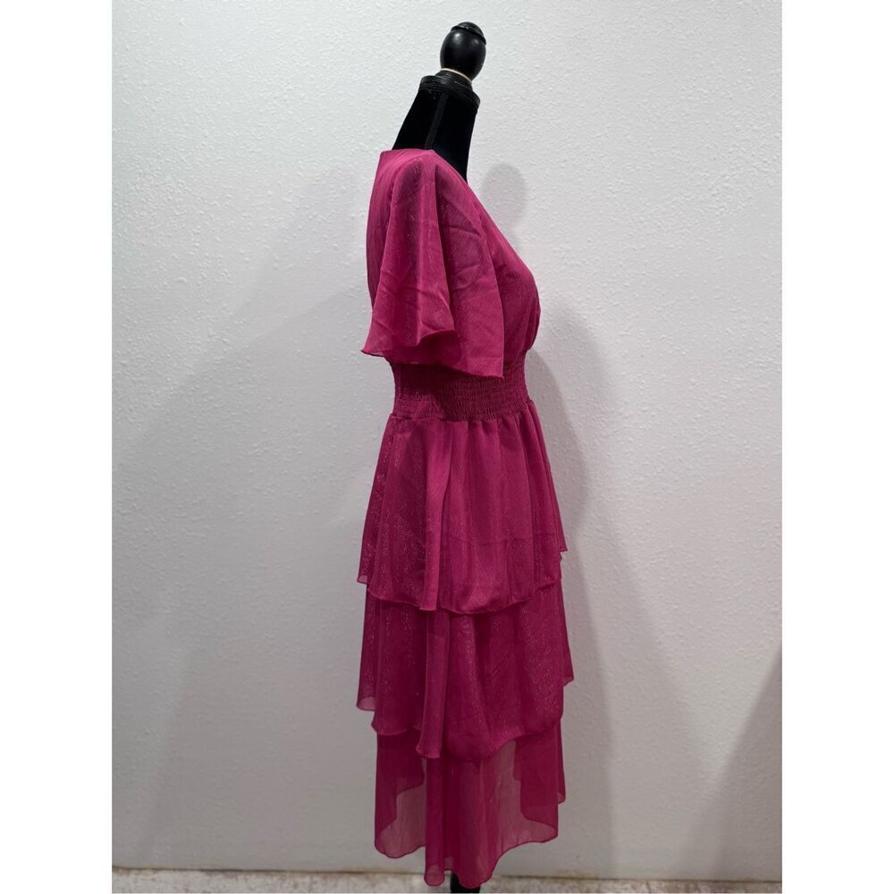 Ruffle Sleeve Wrap V Neck Midi Dresses for Women Causal Summer Smocked Waist Tie - Picture 5 of 10